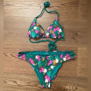 Calzedonia Green and Pink Floral Print Bikini Set Size Small